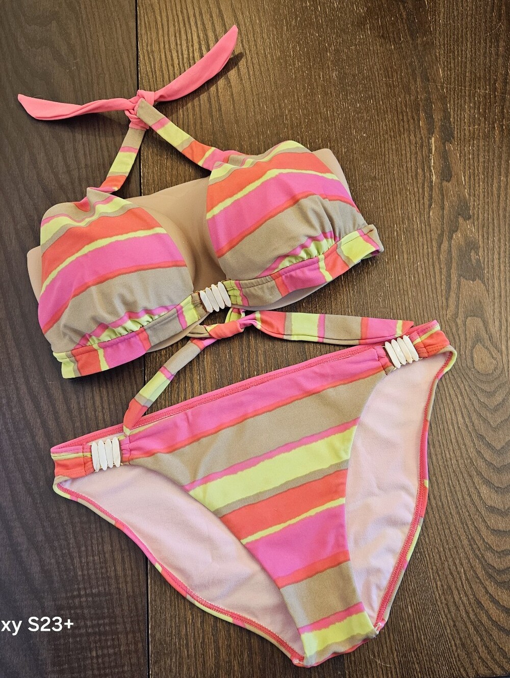 Gossip Collection 2010 Bikini Womens Sz L Neon Stripe Shell Hardware Resort Swim